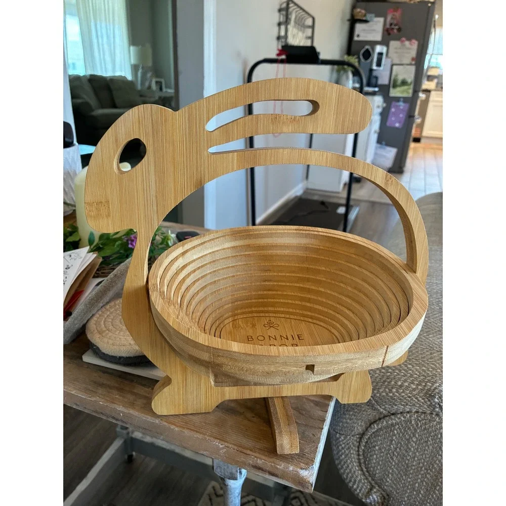 Bonnie &‎ Pop Bamboo Bunny Rabbit Collapsible Fruit Basket Trivet Cutting Board